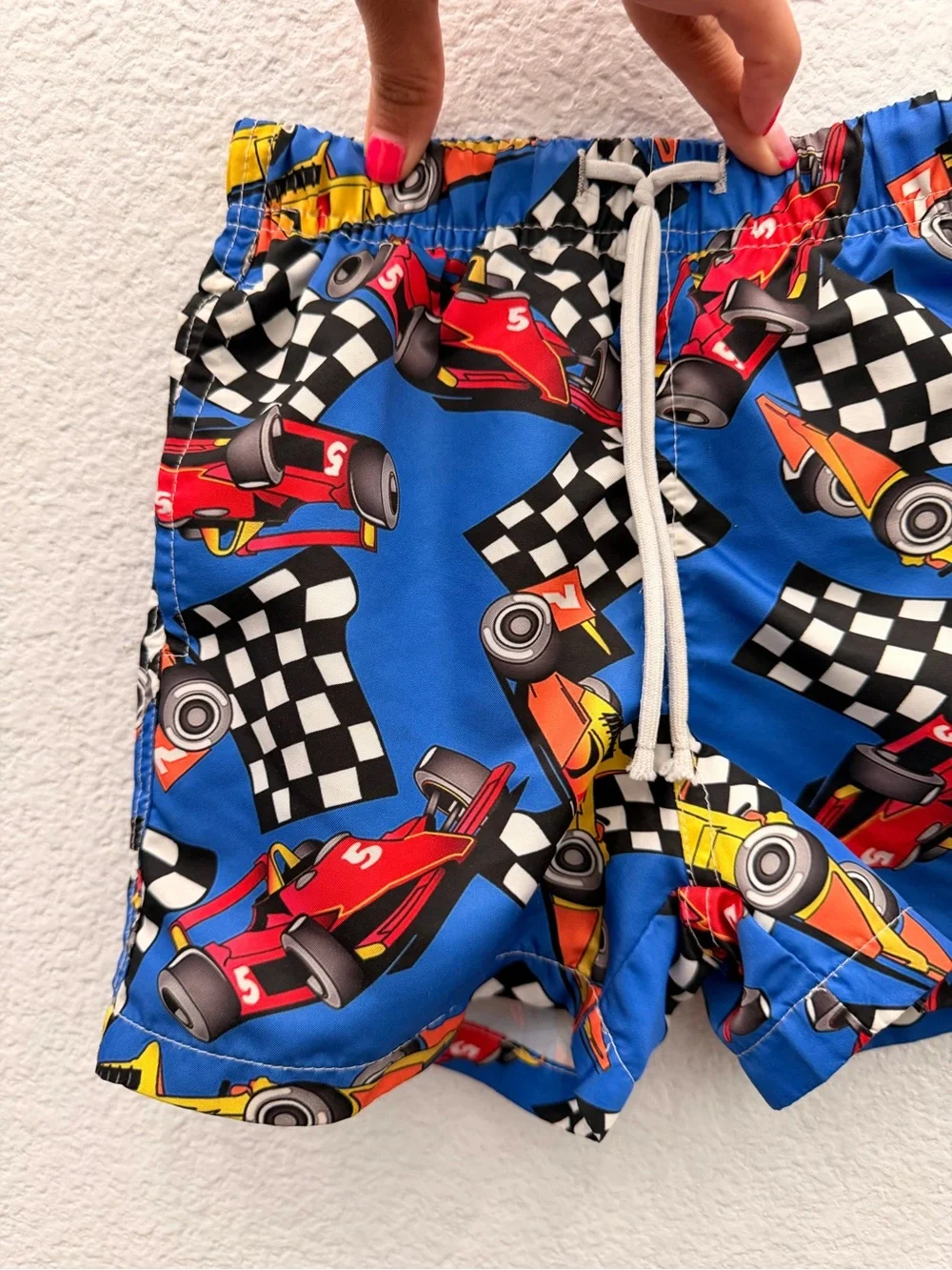 Blue Racing Print Boys Swim Shorts